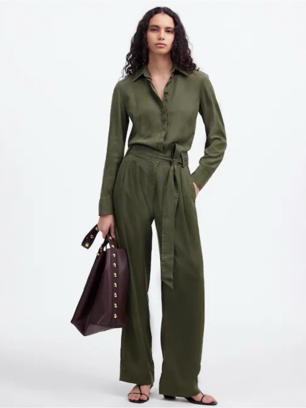 Madewell Women’s Relaxed Fit Tie-Waist Wide-Leg Long Sleeve Army Green Jumpsuit